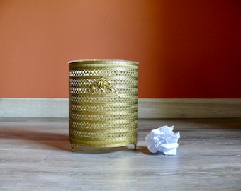 Round Gold Filigree Metal Trash Can, Rose Detail, Removable Clear Lucite Liner, Footed Waste Paper Basket, Mid Century Office Home Decor