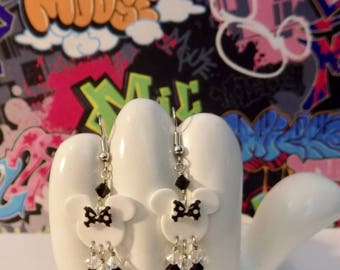 Minnie Mouse Black and White Polka Dot Bow Dangle Earrings