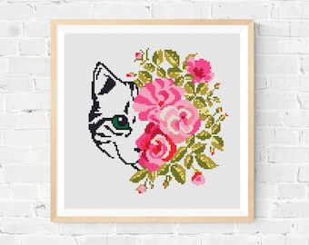 Cat Cross Stitch Pattern / Modern Cross Stitch Pattern / Cat Embroidery / Floral Cross Stitch Pattern / Funny Cross Stitch Pattern / PDF