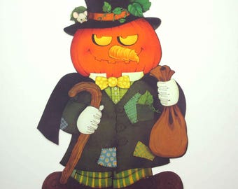 Vintage Creepy Jack O Lantern Pumpkin Head Hobo with Mouse Halloween Die Cut Decoration