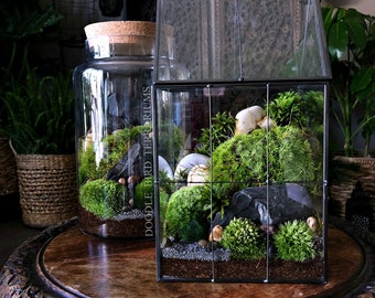 Large Greenhouse Moss Terrarium with Landscape Scene in Geometric House-shaped Vessel