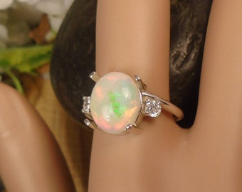 Ethiopian Fire Opal Birthstone 2 Accent Gems Ring, Solid Sterling Silver, 2.39 Cts 11.2 x 9 mm Natural AAA+++ Ethiopian Opal