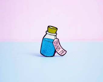 Glitter Drink Me Bottle Enamel Pin Badge: 30mm cute alice in wonderland brooch or lapel pin. For you or birthday for best friend!