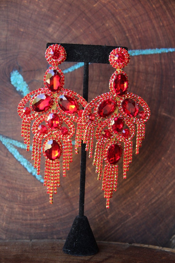 Red Rhinestone Earrings Extra Large Chandelier