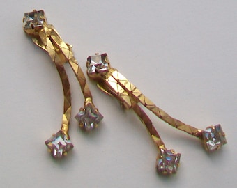 Clip On Crystal Glass Stones in Gold Tone Double Dropper Earrings