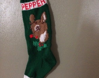 Personalized hand knitted Christmas stockings Rudolph