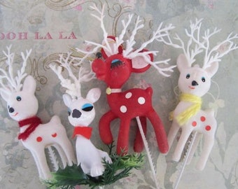 Four Vintage Flocked Reindeer Red & White Vintage Reindeer Picks Vintage Christmas Deer Picks Kitschy Christmas