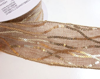Beige Ribbon, Natural Beige Sequin Wired Fabric Ribbon 2 1/2 inches wide x 10 yards, Design Studio Chainette Ribbon