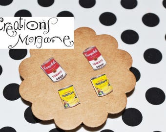 Ensemble boucles d'oreilles cabochons campbell soupe /studs earrings soup can