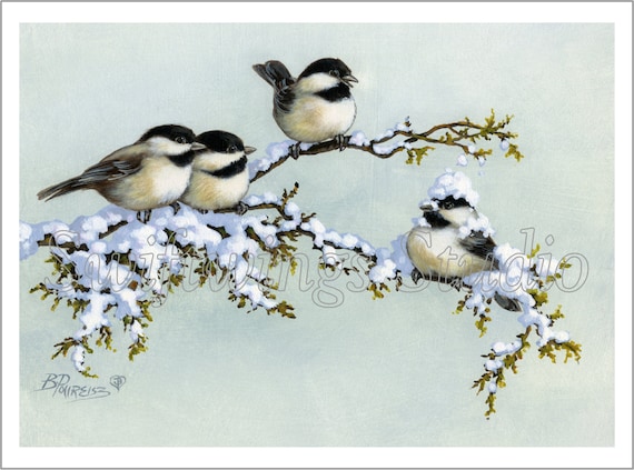 Items similar to Winter Chickadees Giclee Wildlife Print - Chickadee ...