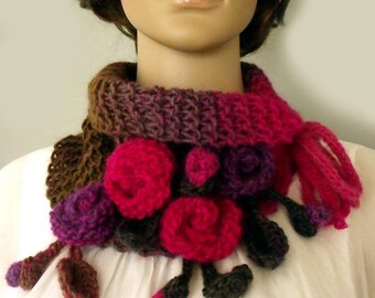 Boho scarf cowl Knit crochet cowl Neckwarmer scarf Freeform crochet Flower leaf scarf Wool gypsy scarf Fall winter scarf Victorian collar