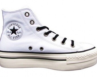 Platform Converse leather White Wedge High Top Lux Club Kicks Custom w/ Swarovski Crystal Rhinestone Chuck Taylor All Star Sneakers Shoes