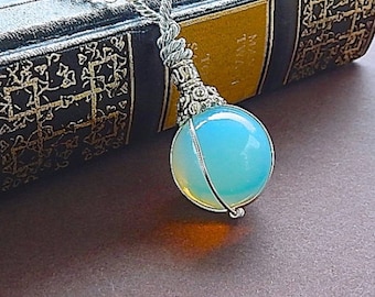 Fortune Teller Opalite Crystal Ball Necklace Pendant With Long Silver Chain