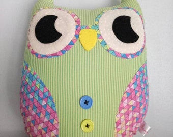 Patchwork owl, Owl cushion, Owl plush, fabric owl