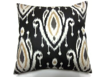 Decorative Pillow Cover Ikat Design Black White Camel Gray Same Fabric Front/Back Toss Throw Accent 18x18 inch x