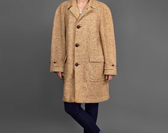 Vintage Tweed Coat • Wool Coat • Cocoon Coat • 80s Coat • Brown & Beige w/ Leather Buttons • Knee Length Oversize Coat • 1980s Winter Coat