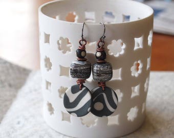 Geometric Earrings, Gray Earrings, Ceramic Earrings, Lampwork Glass Bead Earrings, Boho Chic Earrings, Bold Graphic Pattern, Modern Urban