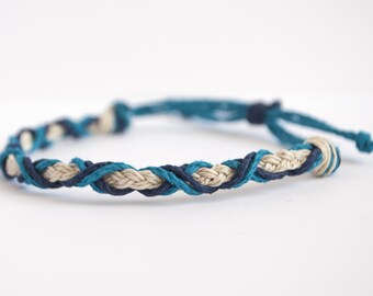 Turquoise Blue Bracelet | Braided Hemp Bracelet | Stackable Bracelet | Handmade Jewelry | Adjustable Bracelet | Beach Jewelry | Gift for Her