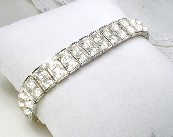 Vintage Old Hollywood Glam Rhinestone Bracelet, Square Cut Crystal Flapper Bridal, Art Deco Glamour Speakeasy Wedding Jewelry Silver Tennis