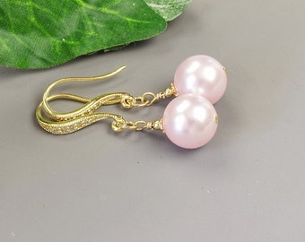Blush Pink Pearl Earrings - Swarovski Pearl Bridesmaid Earrings - Gold Pink Pearl Drop Earrings - Bridesmaid Jewelry - Wedding Jewelry