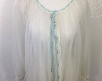 50s-60s Miss Elaine White Blue Sheer Peignoir Robe Sheer Dressing Gown