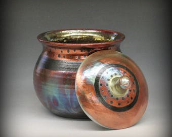 Raku Urn or Large Lidded Pot in Metallic Iridescent Colors