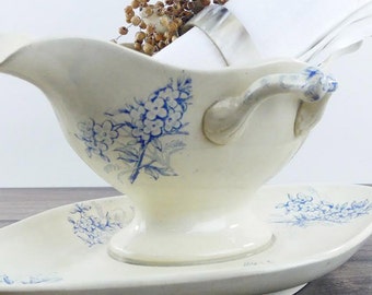 French Sauce boat - Antique gravy boat- Vanilla and Blue - French Luxury - Paris - Chic country - Cottage - French china - Blue decor