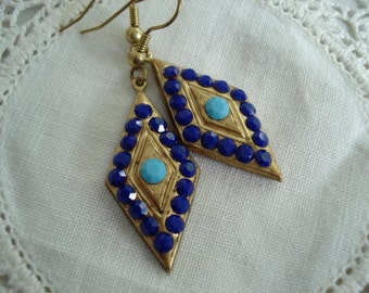 SALE Vintage 1920s Art Deco Gold Diamond Shaped Earrings Lapis and Turquoise Rhinestones Native Tribal Inspired