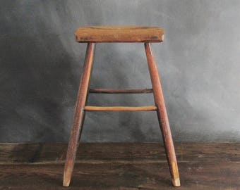 Vintage Wooden Stool, Primitive Wood Stool, Rustic Wood Stool, Fixer Upper Style, Counter Stool, Farmhouse Decor, Plant Stand