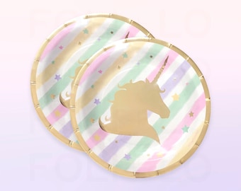 UNICORN Plates | Rainbow and Gold Metallic Foiled Plates | Unicorn Party Decoration | Unicorn Party Theme | Size: 7 inches | Set of 8
