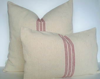 Red Grain Sack Look Pillow Cover Red Farmhouse Pillow Cover Red Stripe Grainsack Pillow 0