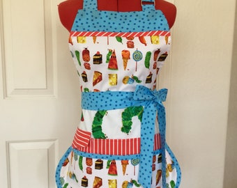 Very Hungry Caterpillar Sassy Vendor Apron, Full Apron, 6/8 pockets, Teachers Apron, great for Sewing, Farmers Market, Gardening, Cleaning