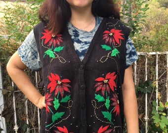 Ugly Christmas sweater, knit vest, XL, embroidered beaded sweater, poinsettias, black, red, green, sweater