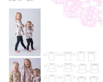 PDF- mönster Fun and free - tröja och peplumtopp med olika ärmar 80-152; Fun and free sweater/peplum sizes approx. 12 months- 14