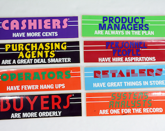 NOS 1980's Pun Bumper Stickers - Retail, Operator, Manager, Cashier, Systems Analyst, Buyer, Purchasing, Agent, Personnel, Store Clerk