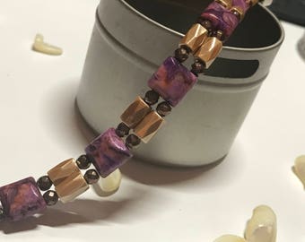 Handmade Jewelry ~ Double-Strand Bracelet ~ Purple Crazy Lace Agate Gemstones ~ Tan-Colored Magnetic Hematite Stones ~ Beautiful Gift