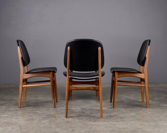 4 Mid Century Dining Chairs Danish Modern Afromosia & Black Vinyl