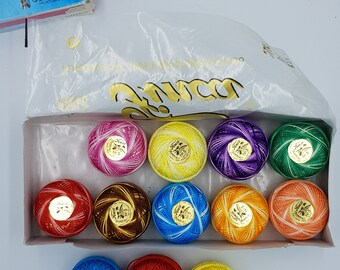 Twelve Balls of Marled Crochet Cotton Yarn. Mixed Colours. Ombre. 100% Mercerised. Made by Presencia Finca. With Box.