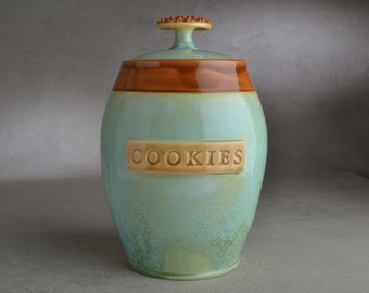 Cookie Jar Ready To Ship Patina & Brown Cookie Jar by Symmetrical Pottery