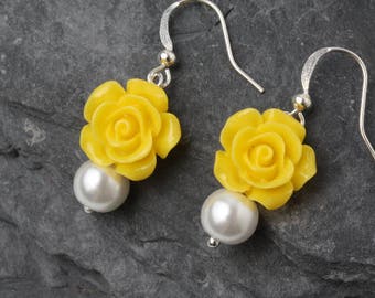 Yellow rose earrings, Bridesmaid earrings, Yellow bridesmaid jewelry, bridesmaid gift, garden wedding earrings, bright yellow earrings