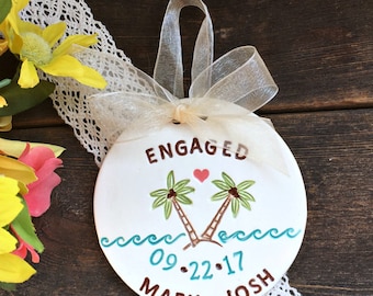 Personalized Engagement Ornament - Tropical Paradise Ceramic Ornament, Wedding Ornament, Engagement Gift Idea , Gift for Couple