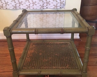FAUX BAMBOO TABLE, Faux Bamboo Small Table, 17.75" Sq, 2 Tiered Table, Cane Table, Bamboo Cane Table w Glass,Tropical at Ageless Alchemy