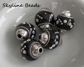 Indonesia Beads, Handmade, Black with Silver Embellishments and Rhinestones