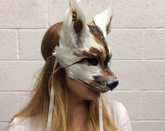 Brown & White Wolf Mask, Feather Animal Mask, Wolf Headdress, Woodland Headdress, Masquerade Mask, Cosplay Mask
