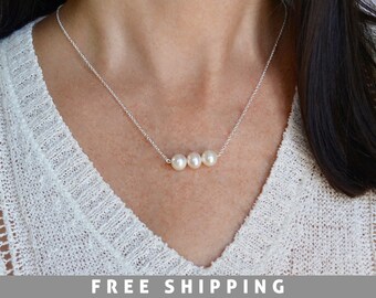 Triple Pearl Silver Necklace - 3 Pearl Necklace - White Freshwater Pearl Necklace - Mother of the Bride - Mother Gift - Bridesmaid jewelry