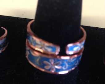 Copper Blue Floral Adjustable Ring