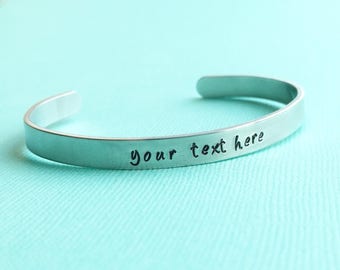 Customized Hand Stamped Bracelet Aluminum Skinny Cuff Bangle Stamped Cuff Personalized Custom Mother's Day Christmas - 1/4" Wide