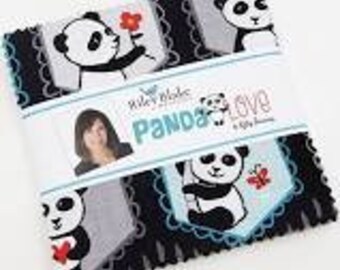 1 - 5 - inch stacker of Panda Love by Kelli Panacci for Riley Blake Red Black Pink Aqua Teal Panda fabric. charm pack 5-8040-42