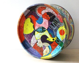 Filipino Scenes. Vintage mid century modern round collectible biscuit tin box. Fibisco tin.