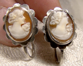 Pair Hand Carved Shell Cameo 800 Silver Earrings 1940s
